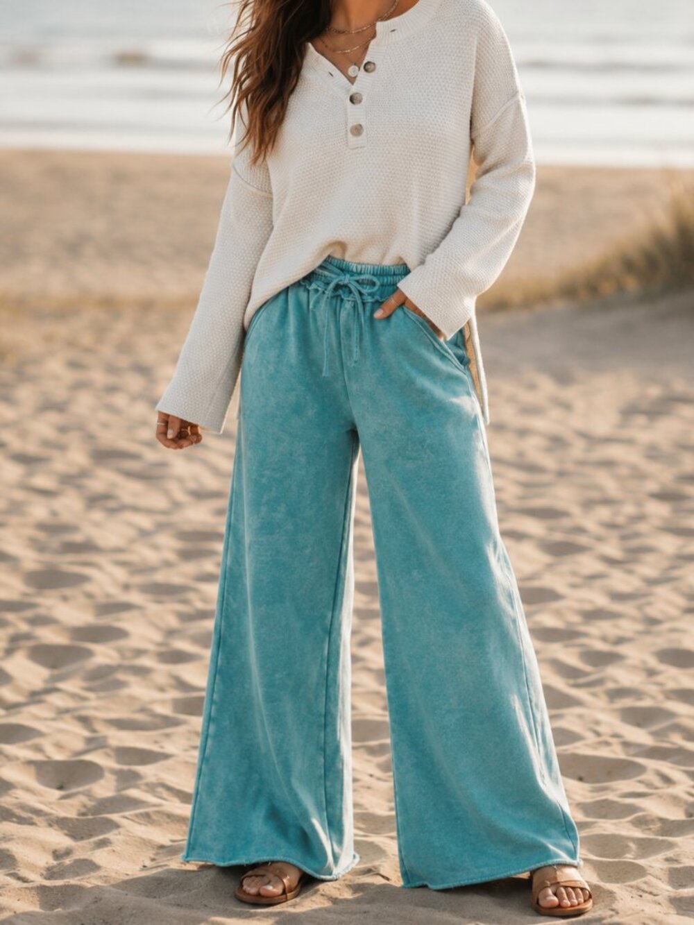 Zenana Ultra Soft Fleece Palazzo Sweatpants Teal Wide Leg Cozy Lounge Pants NWT - Picture 5 of 10
